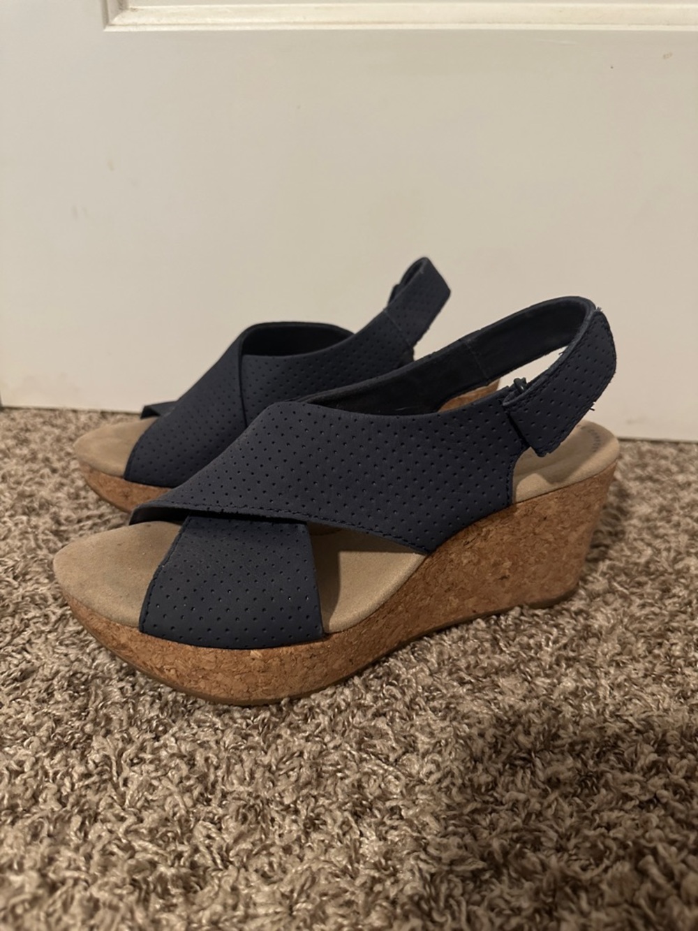 Clarks Navy Perforated Cork Wedge Slingback Sandals